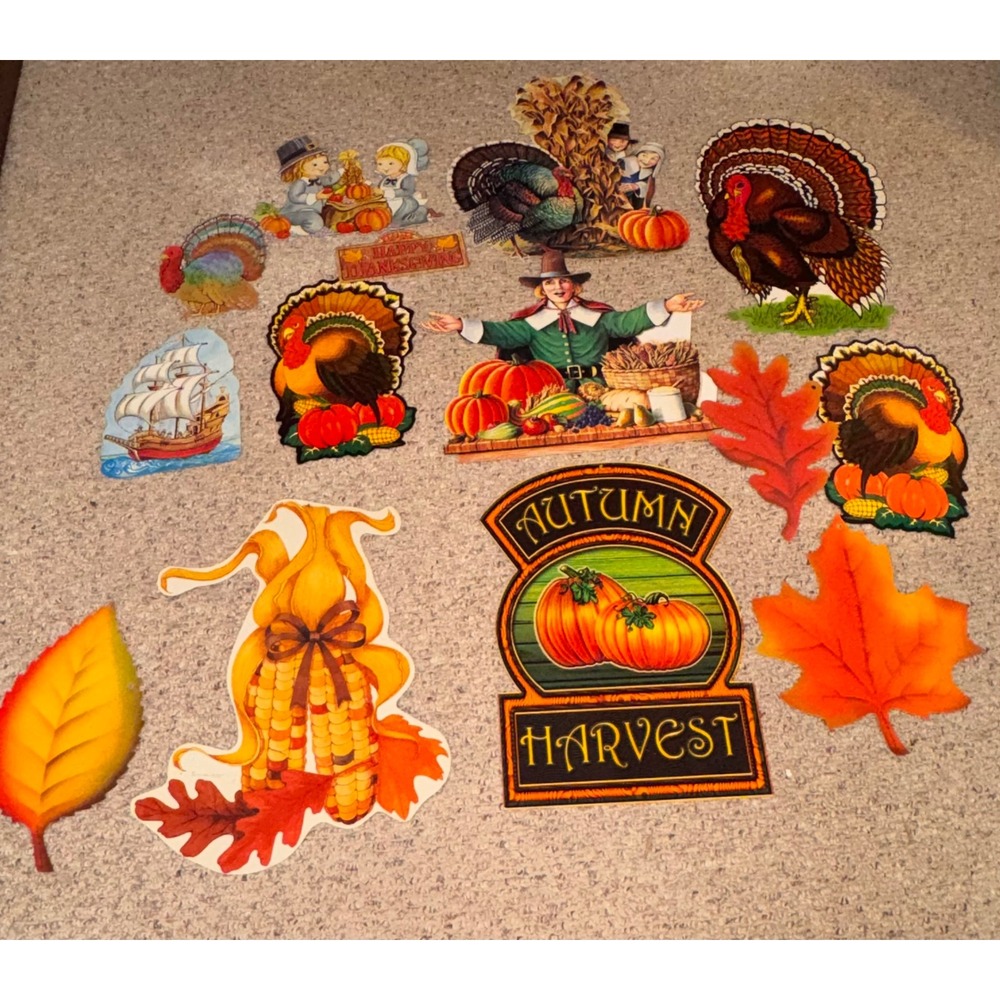 14 Vintage Thanksgiving Fall Cutouts Lot Turkeys Pilgrims Pumpkin Retro 70s 80s